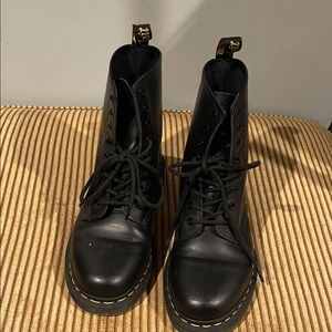 Dr. Martens Black Leather 8-Eye Lace-Up Boots with Yellow Stitching Detail